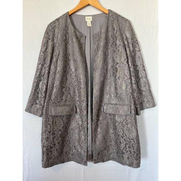 Chicos Lace Jacket Womens Sz 2 US 12 Large 3/4 Sleeve Gray Silver Event Evening - Picture 2 of 13
